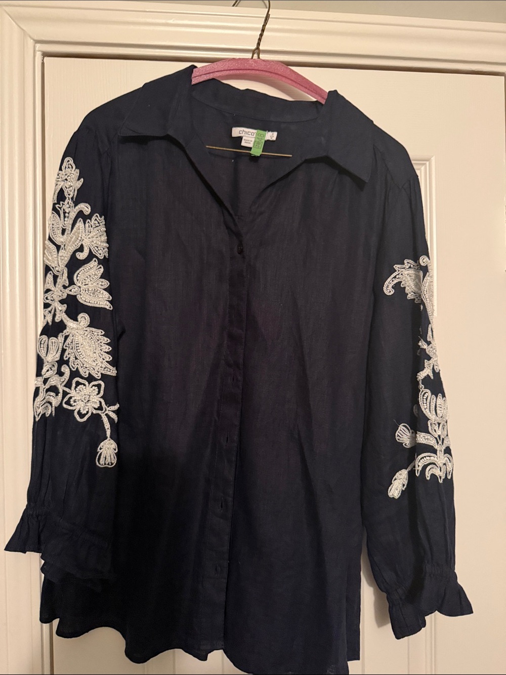 Chico's Navy Shirt with White Floral Sleeve Embroidery